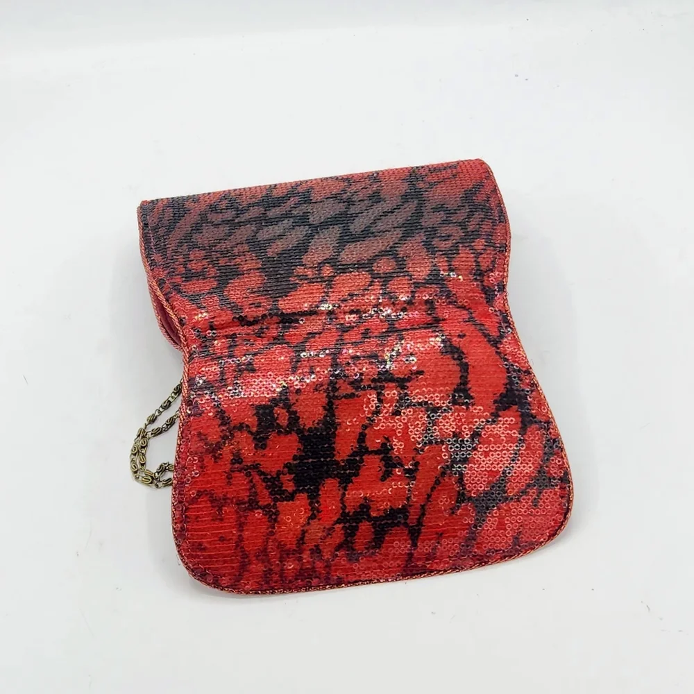 Vintage Red & Black Sequin Clutch In Abstract Pattern Convertible Chain Strap